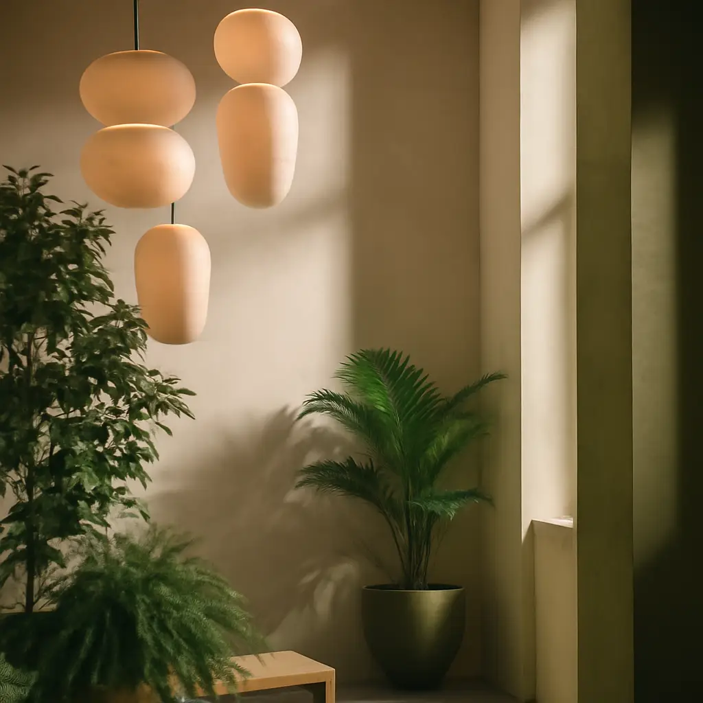 Cinematic interior with sculptural hanging lights, layered plants, plaster walls, and warm amber glow in an asymmetrical editorial composition.