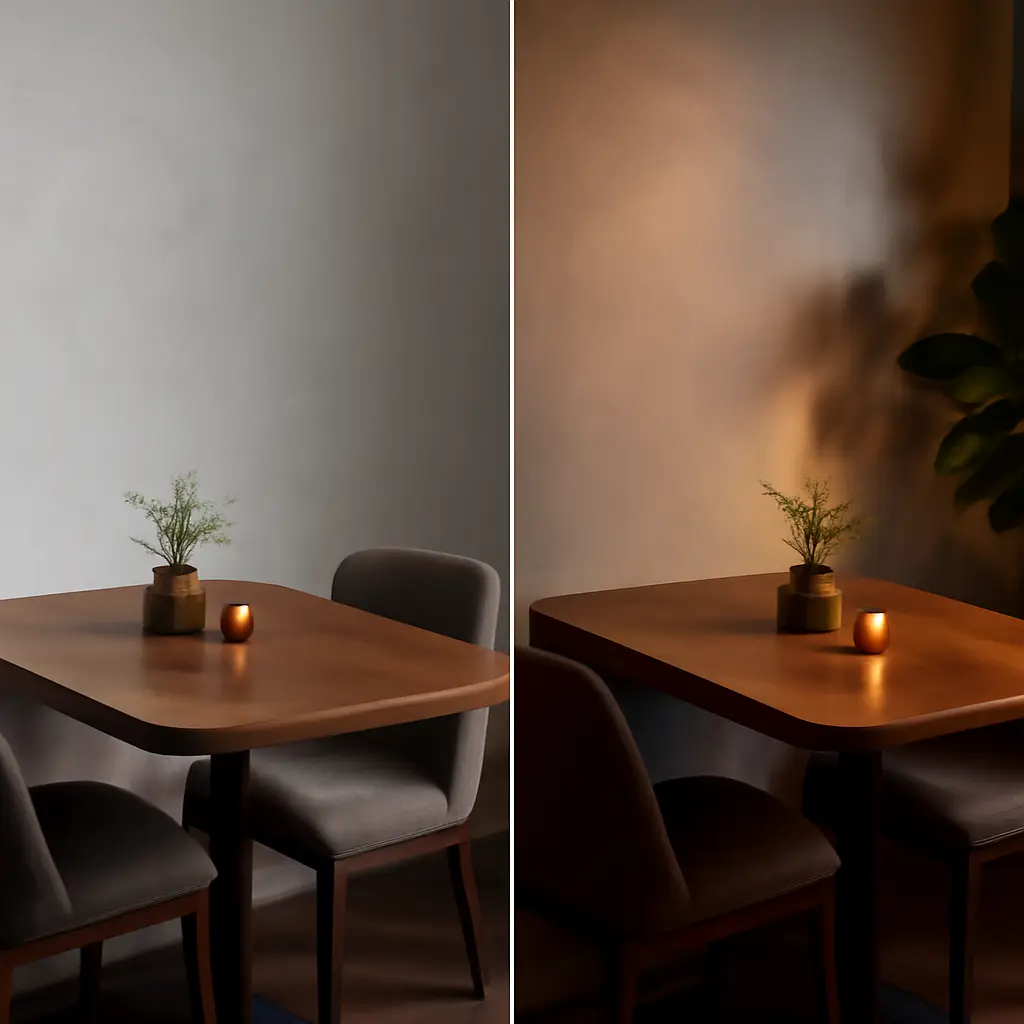 Refined hospitality interior with layered light, plant shadows, textured walls, and warm evening atmosphere.