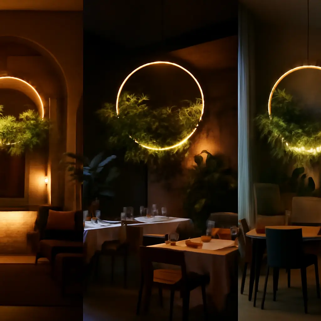 Textured interior scene with warm ivory surfaces, indoor plants, and sculptural light layered into the architecture.
